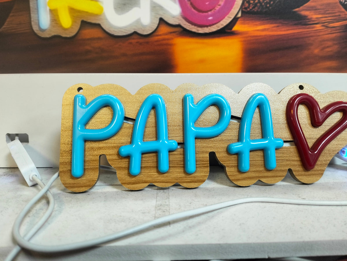 Letrero de Neón PAPÁ con Sonrisa - Letrero LED con Base de Madera - Regalo Original para el Día del Padre